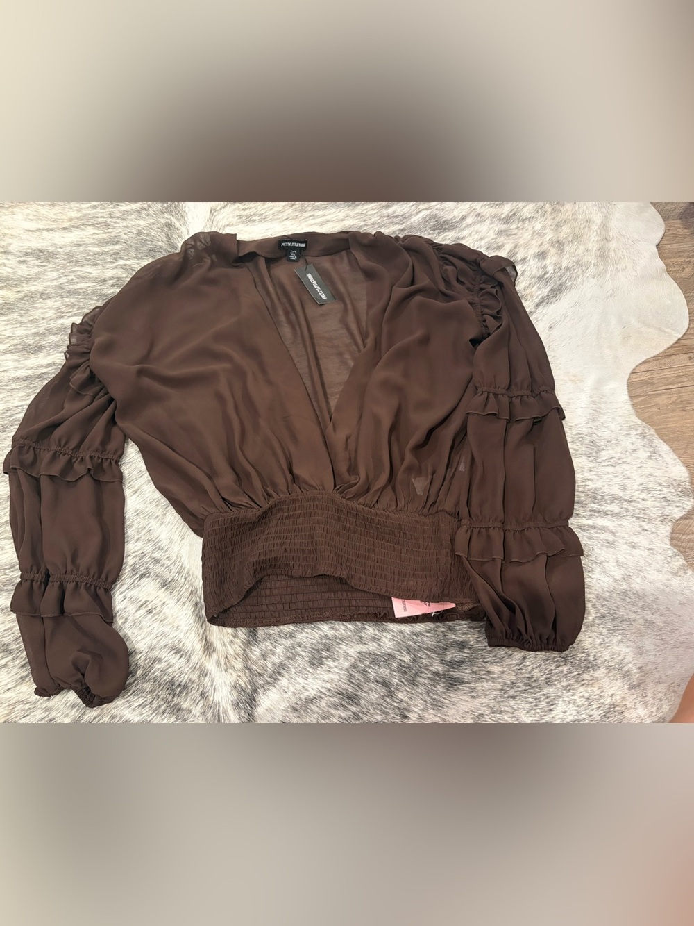PrettyLittleThing Chocolate Brown Sheer V-Neck Blouse